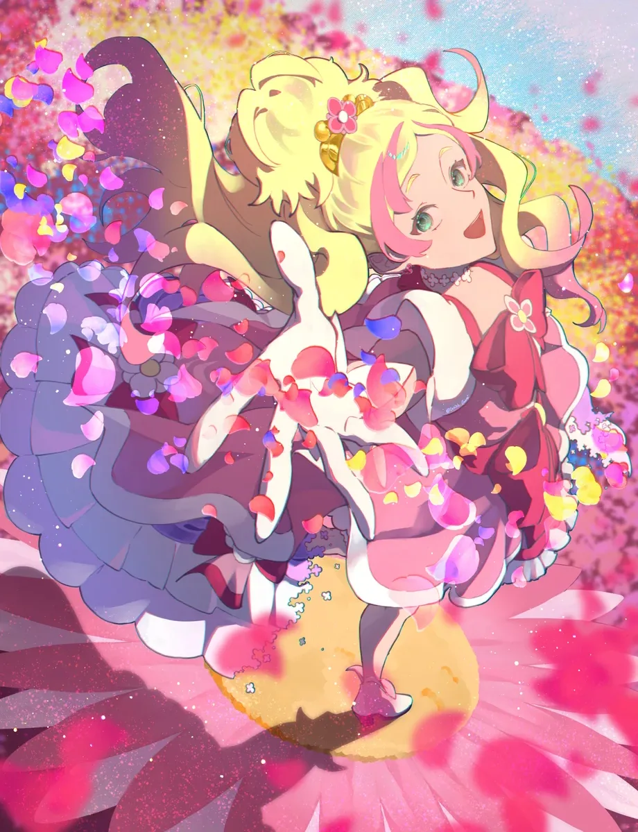 Colorful illustration of Cure Flora with flowers and flowing ribbons