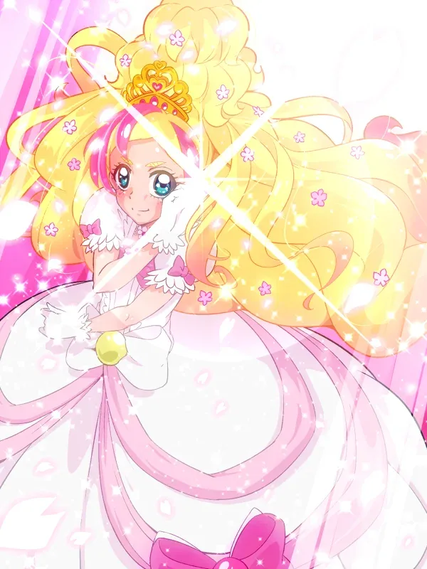 Cure Flora in a white and pink gown with golden hair