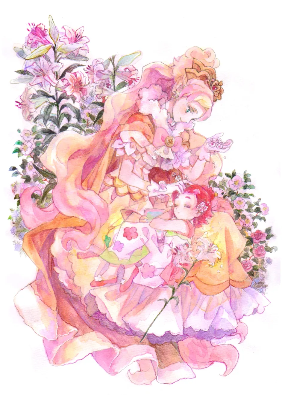 Cure Flora in an ornate pink floral dress surrounded by flowers