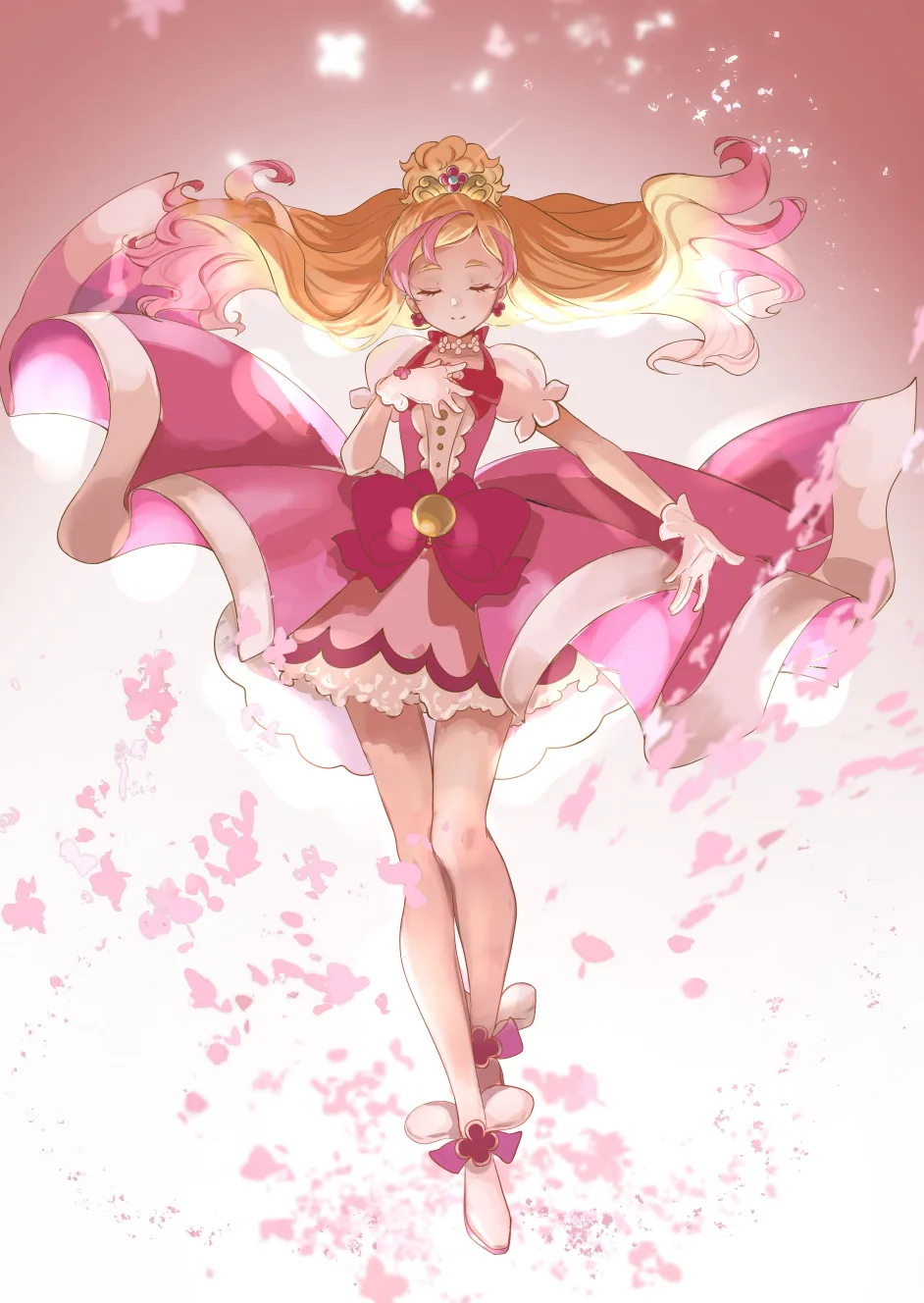 Cure Flora in a pink dress surrounded by drifting petals