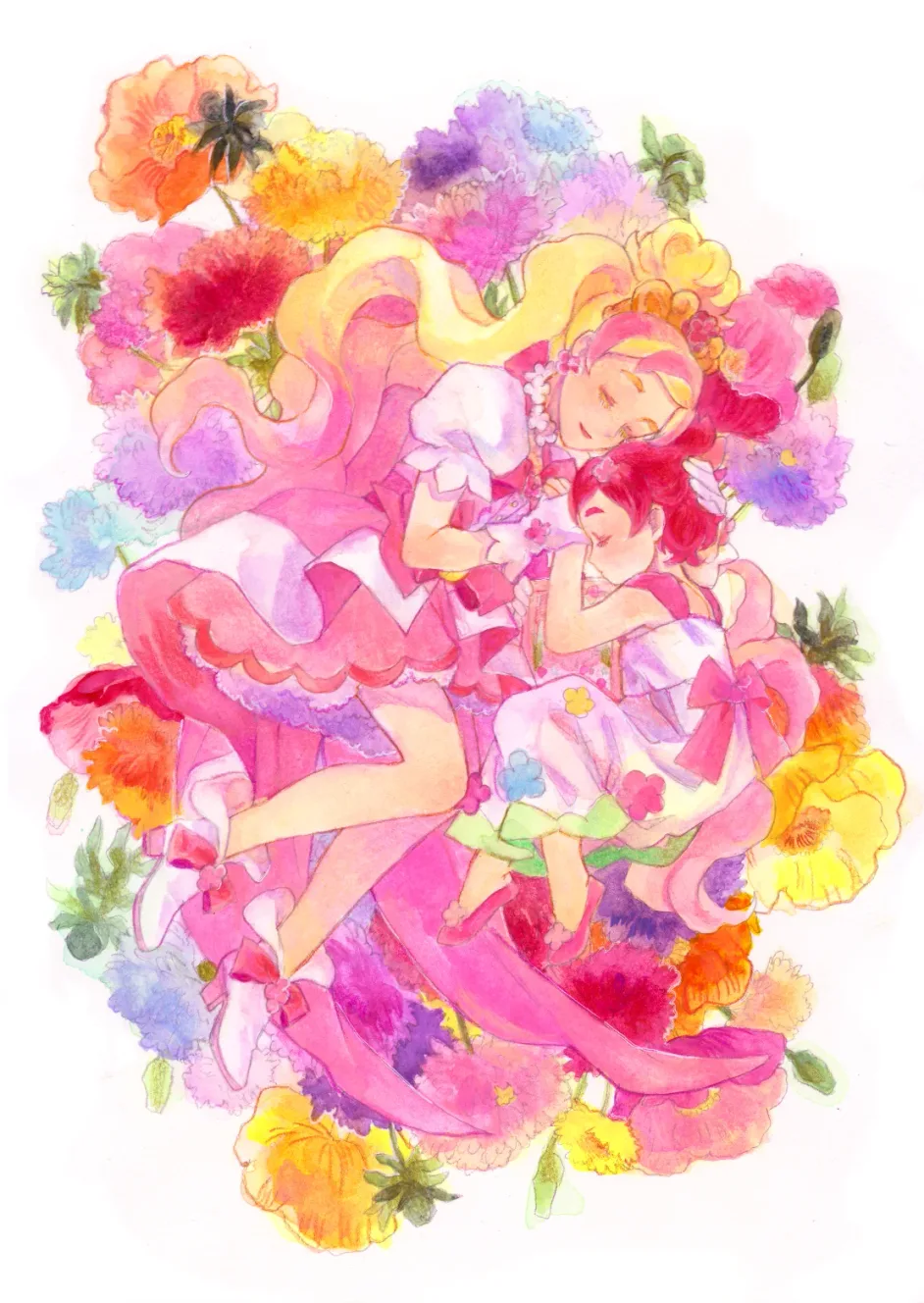 Cure Flora framed by a bright multicolored bouquet
