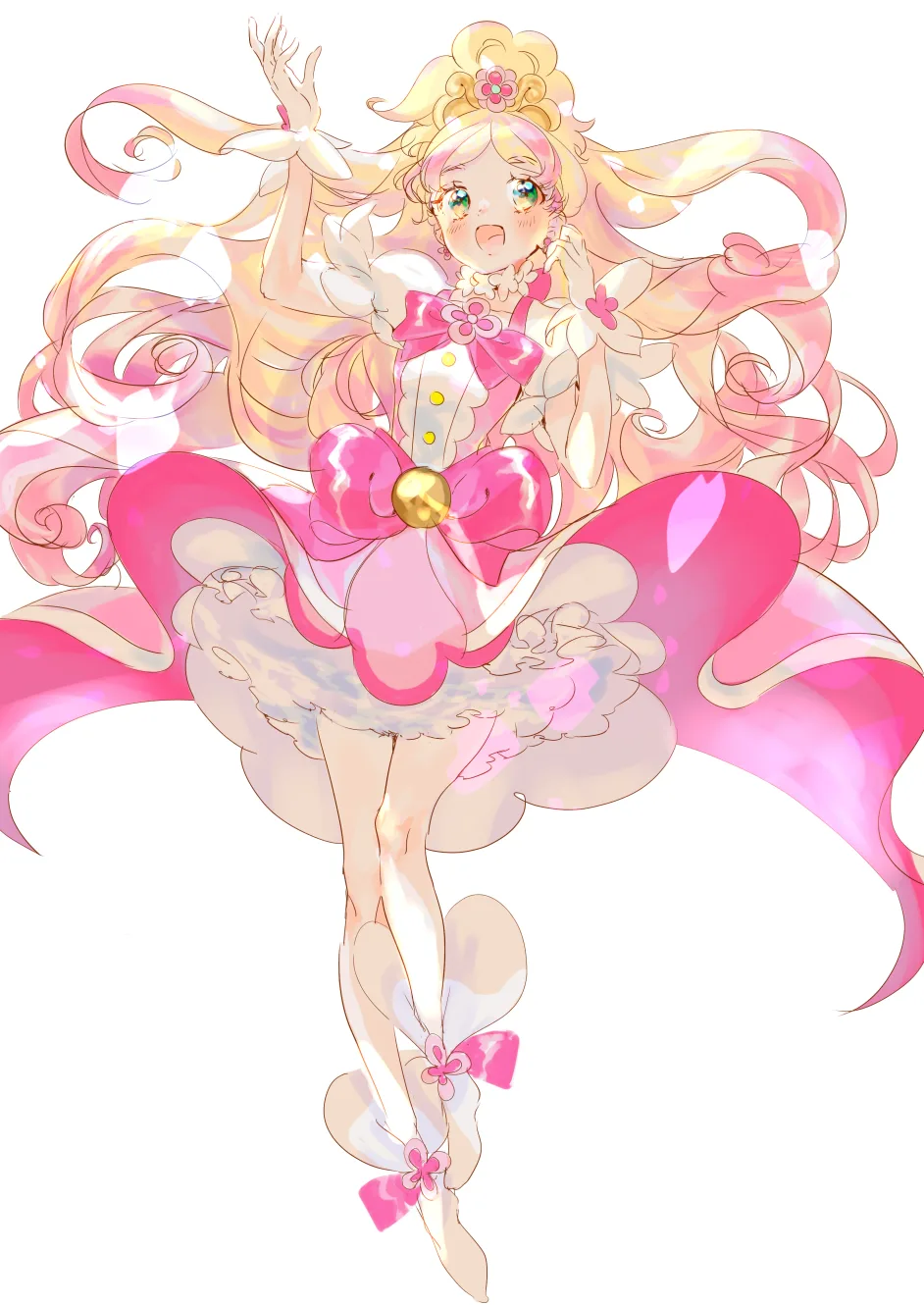 Cure Flora in a layered pink dress with long flowing golden hair