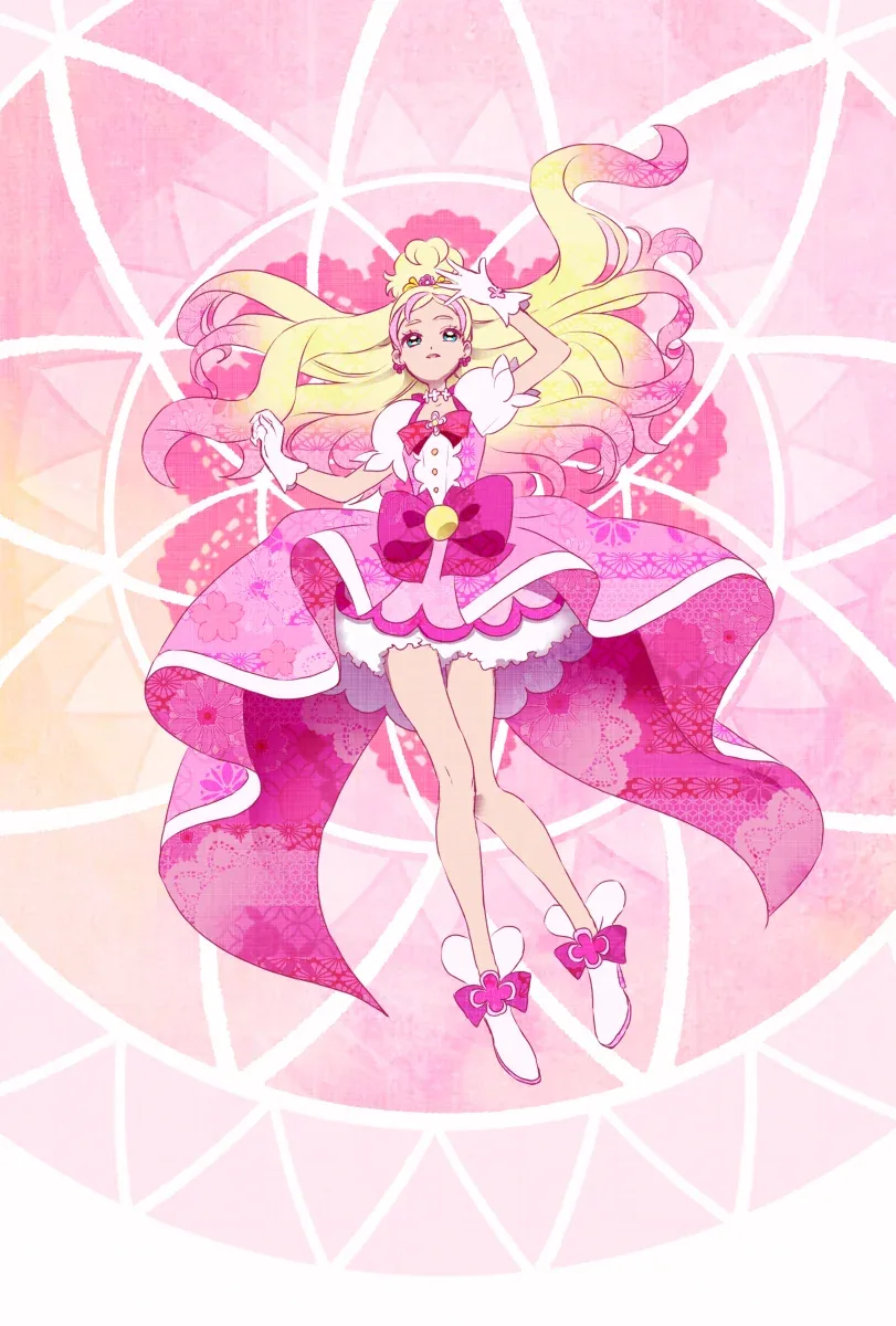 Cure Flora surrounded by pale pink ribbons and geometric shapes