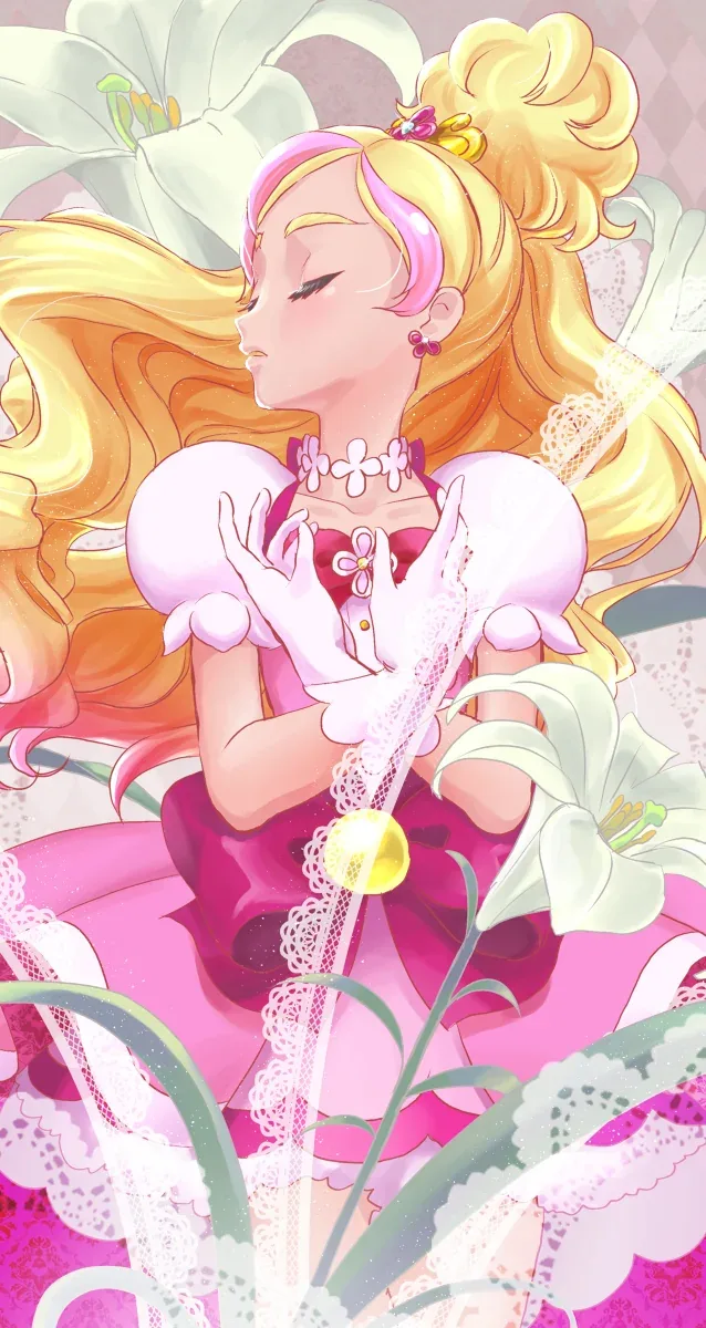 Cure Flora with closed eyes holding her hands together among flowers