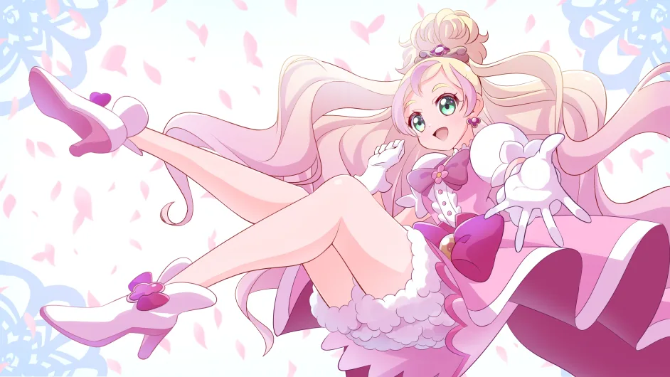 Cure Flora reclining amid flowing pink ribbons and petals