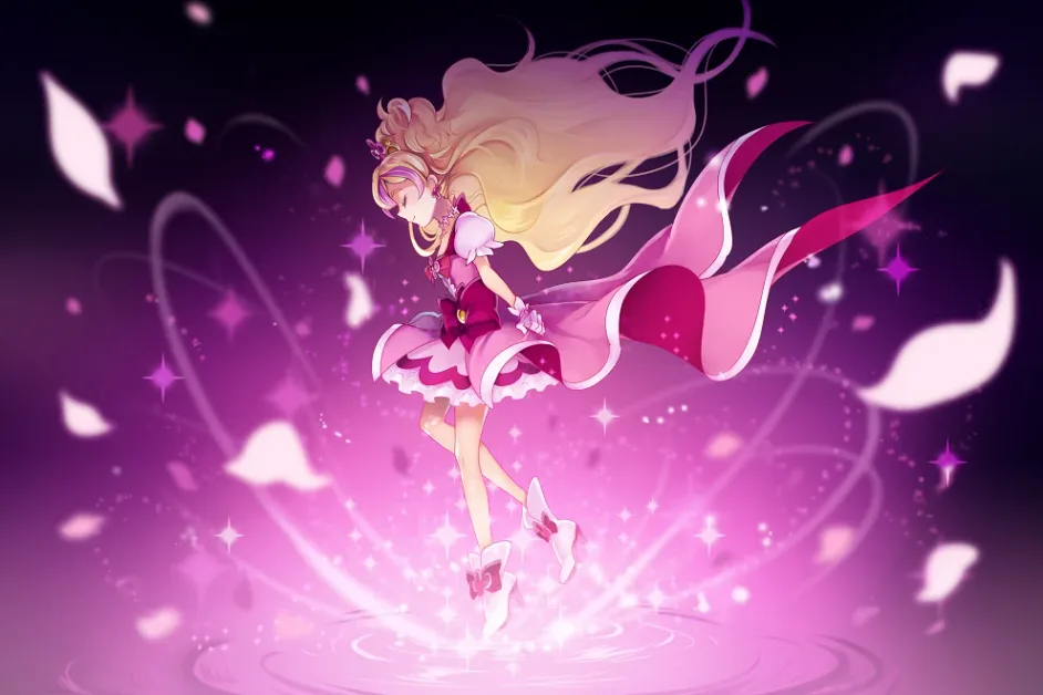 Cure Flora floating above a glowing pink flower against a dark background