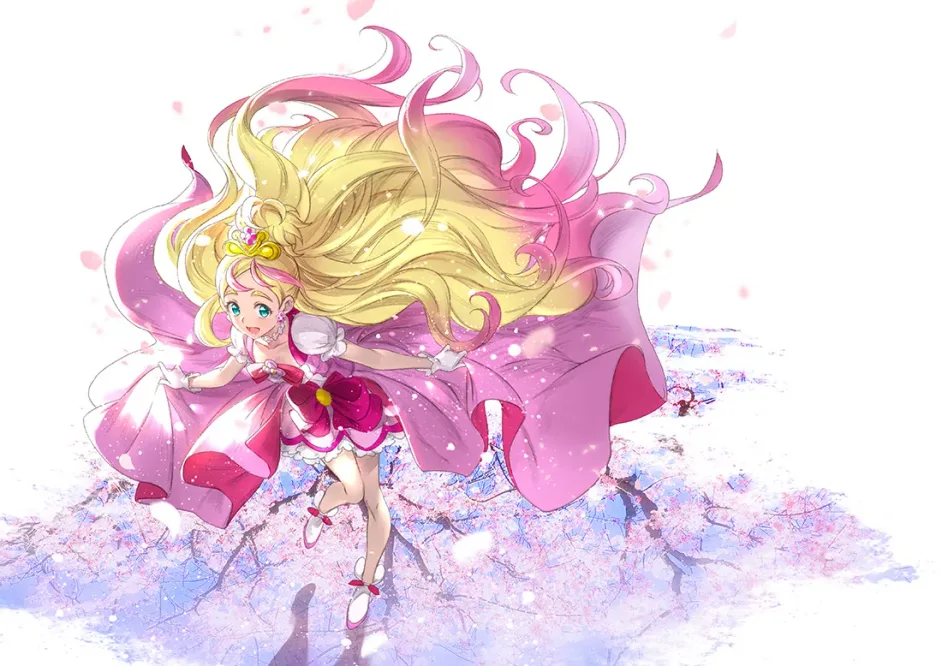 Cure Flora floating above pale blue flowers with flowing golden hair