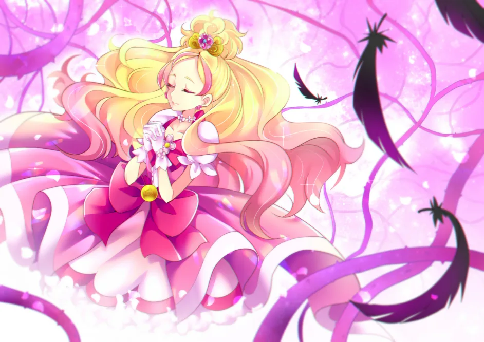 Cure Flora with golden hair against pink moonlight and dark vines