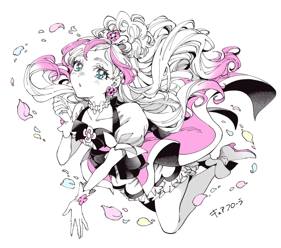 Black and white floral line illustration of Cure Flora with pink accents