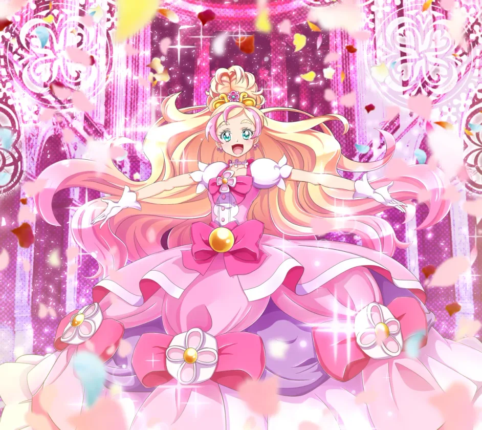 Cure Flora in a richly decorated pink palace with floral ornaments