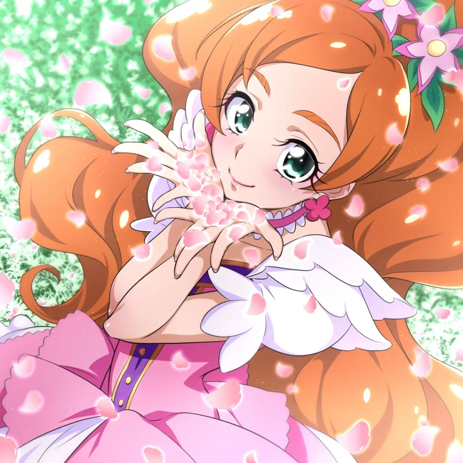 Orange-haired girl smiling among green leaves and pink flowers