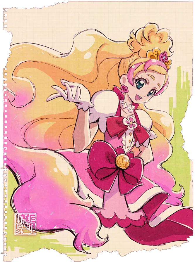 Cure Flora smiling with flowing golden hair, illustrated on pink and yellow torn notebook paper