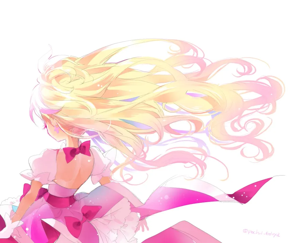 Close-up of Cure Flora with long golden hair flowing across a white background